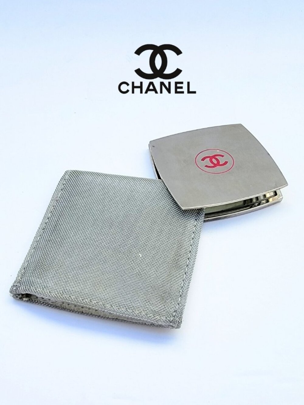 CHANEL authentic vintage compact mirror, silver & silver mesh sleeve, CC logo